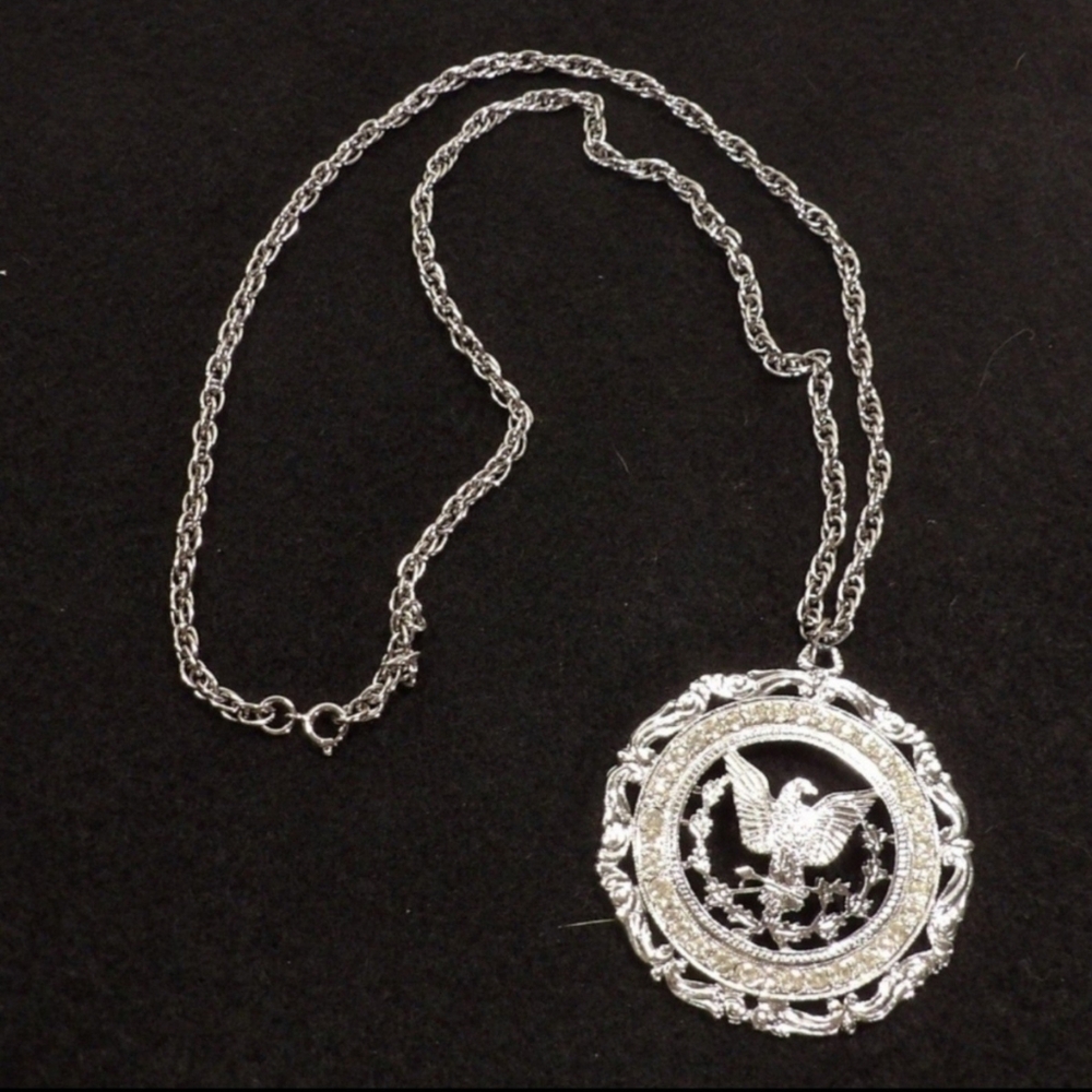Vintage ROYAL Rhinestones Eagle Pendant Silver tone Necklace